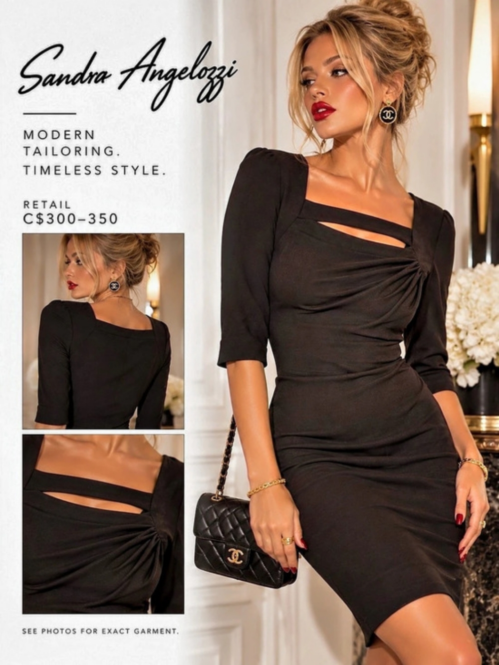 Black Cutout Draped Square Neck Sheath Dress Medium LBD Quiet Luxury Old Money